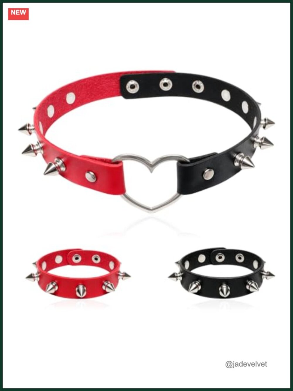 3Pc Faux Leather Heart Choker Necklace & Bracelet Set Punk Goth Jewelry